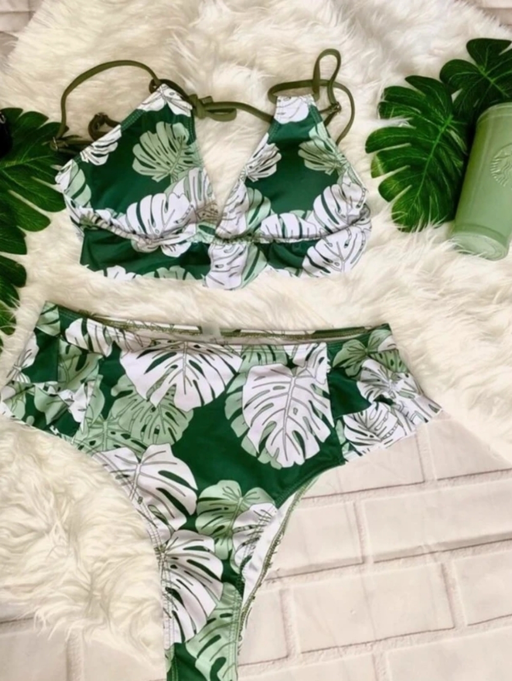 Green Tropical Leaf High-Waist Bikini Set